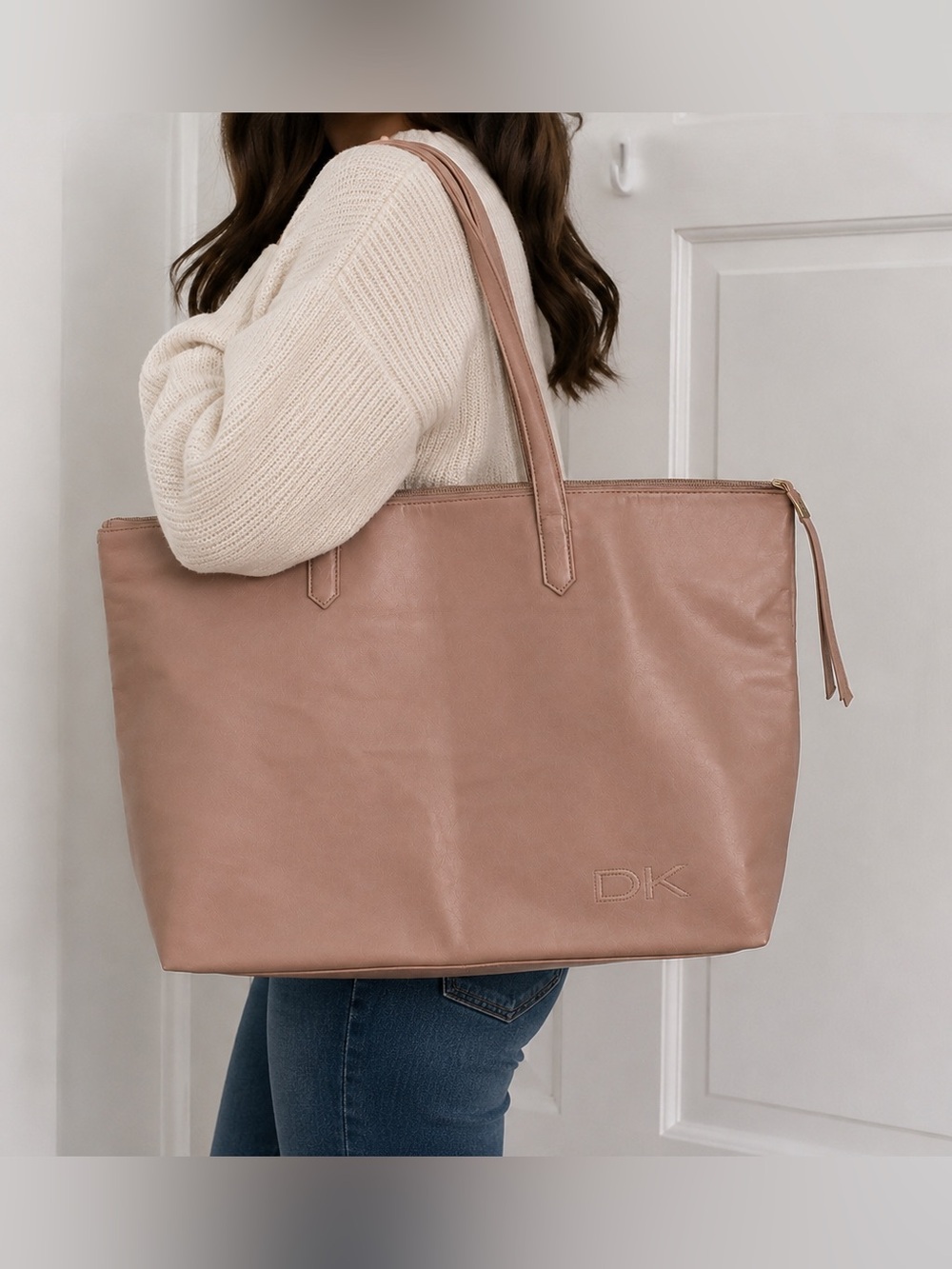 Donna Karan DK Large Faux Leather Laptop Work Tote Travel Shoulder Bag Blush Tan